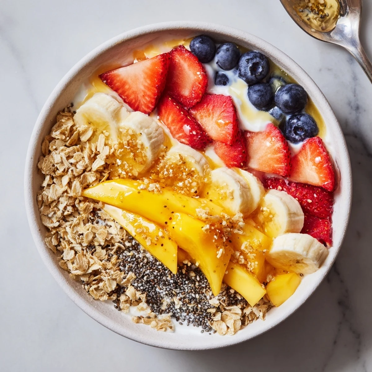 A close-up of a healthy yogurt fruit bowl recipe with a generous drizzle of honey and chia seed topping