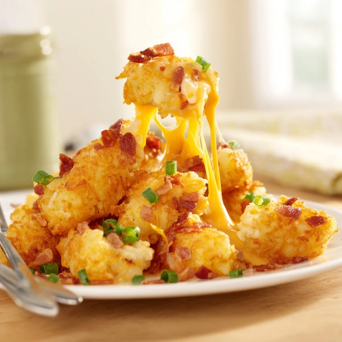 Golden cheesy loaded hashbrown bites served warm on a white platter with sour cream dipping sauce