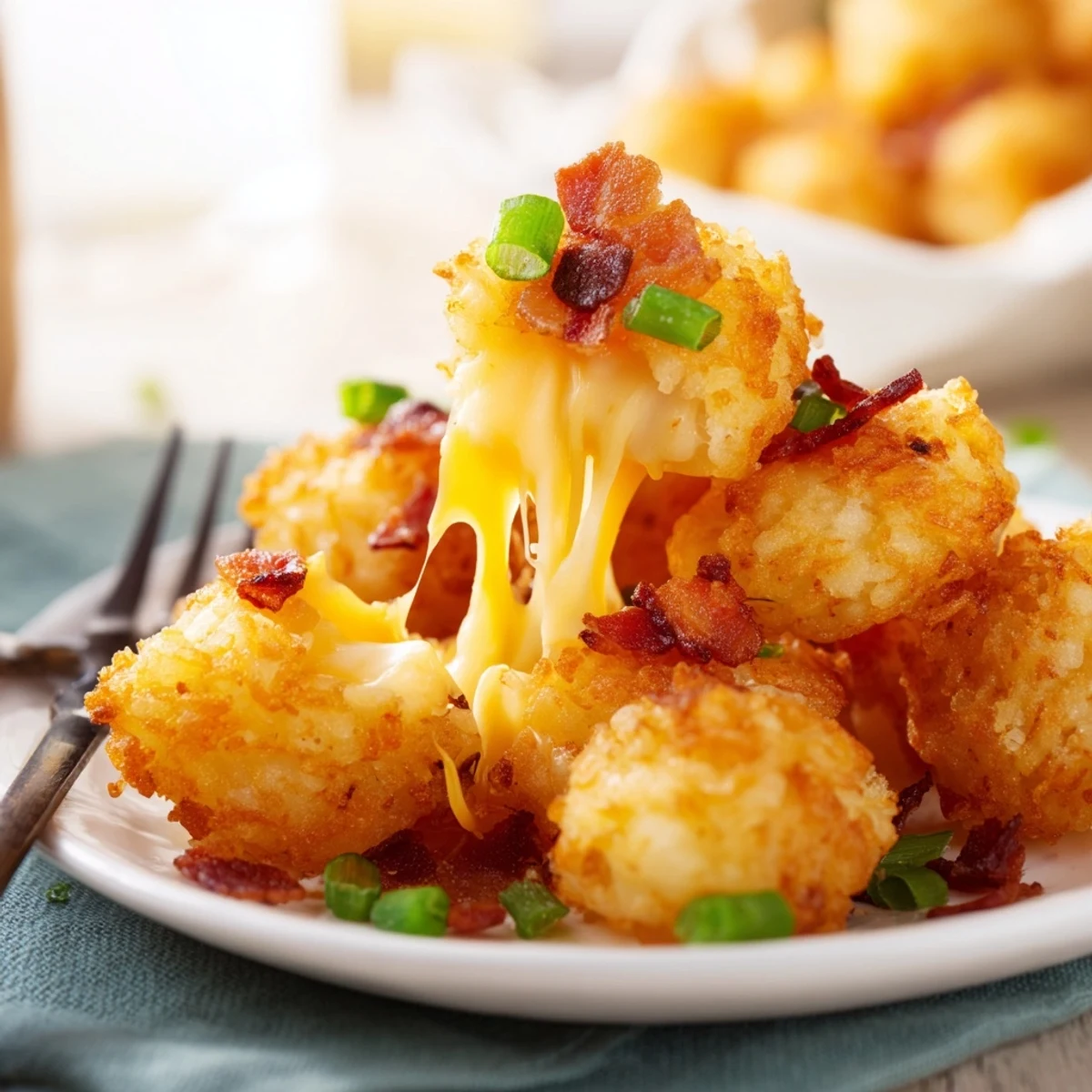 Baked loaded hashbrown bites recipe stacked high showing golden crusts and gooey cheese filling inside