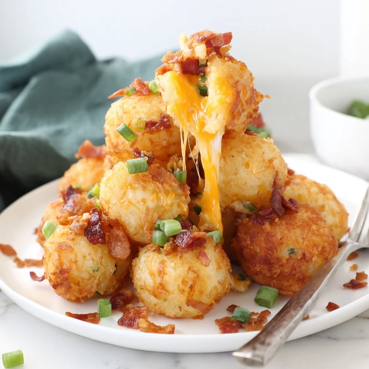 Crispy hashbrown bites recipe topped with melted cheddar bacon and green onions for a savory appetizer