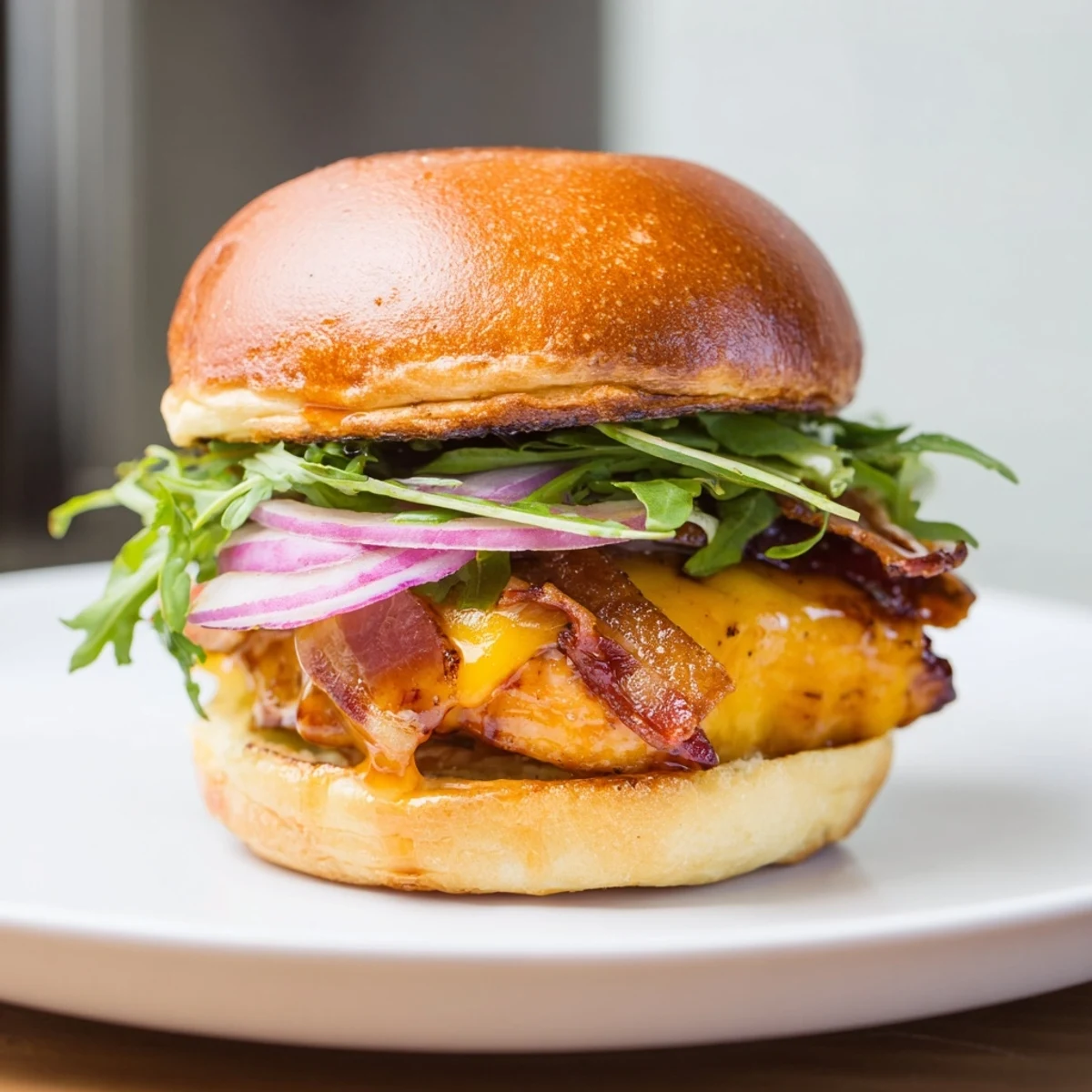 Golden baked Maple Chicken Bacon Sliders stacked high with melted cheddar and crispy red onion.