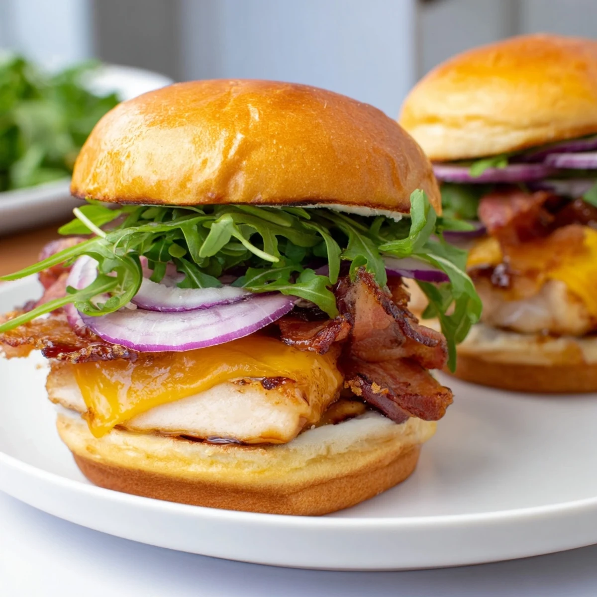 Close up of a Maple Chicken Bacon Sliders recipe dripping with sweet maple glaze and arugula.