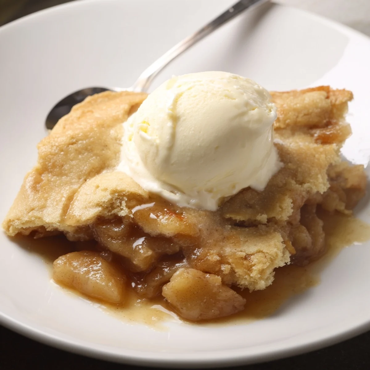 Rustic dessert of Southern banana cobbler recipe topped with melting vanilla ice cream and cinnamon.