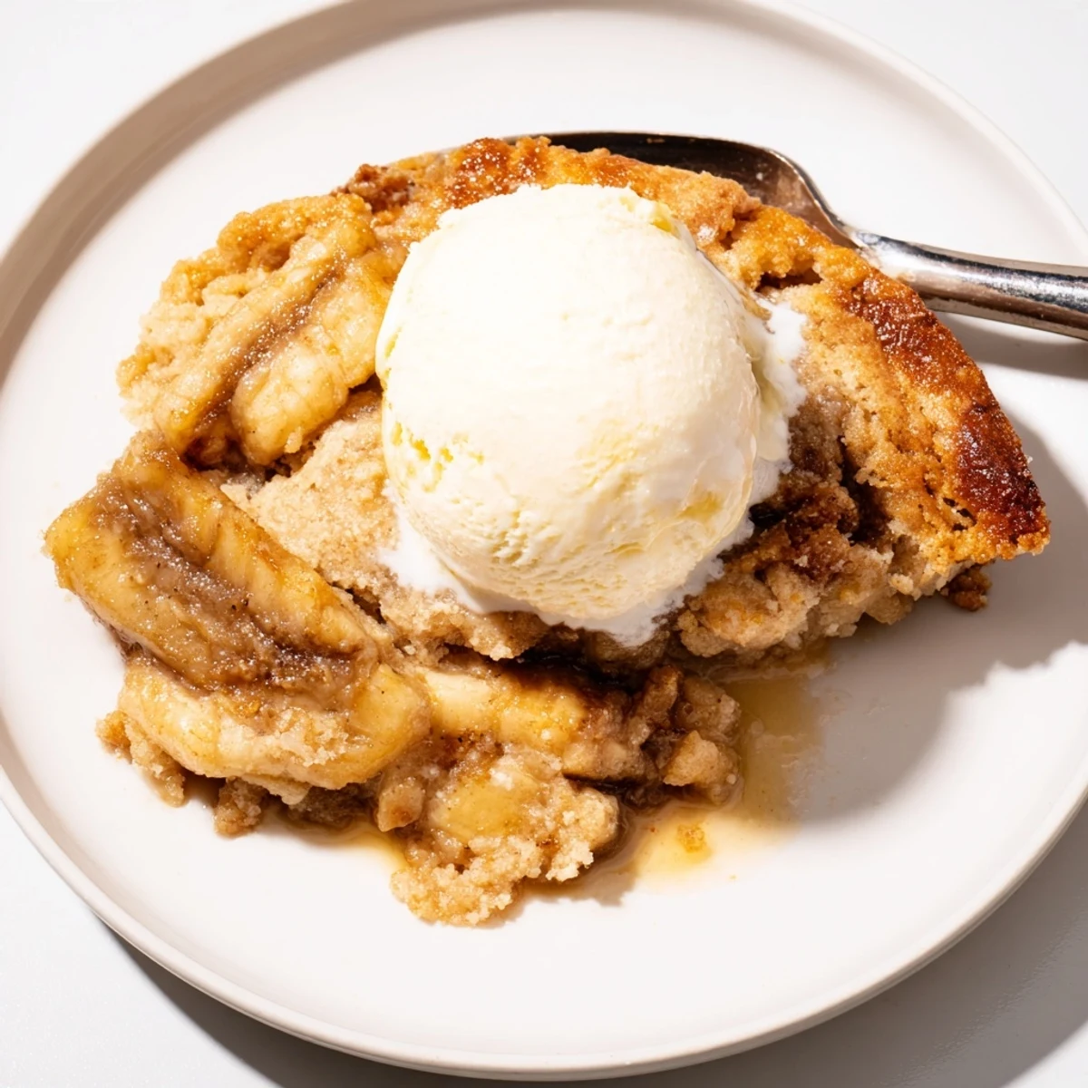Warm homemade Southern banana cobbler recipe served in a white dish with sweet baked banana slices.