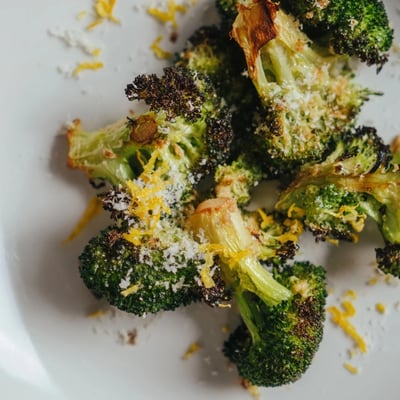 Freshly roasted broccoli florets tossed with minced garlic, olive oil, and topped with melted Parmesan cheese, highlighting crispy edges.