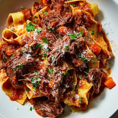 Steaming Slow Cooker Beef Ragu spooned over silky pappardelle noodles, finished with parsley. A cozy, richly aromatic dinner.