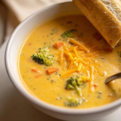 A bowl of Creamy Broccoli Cheddar Soup with Crusty Bread, featuring a velvety texture and a drizzle of extra sharp cheddar.