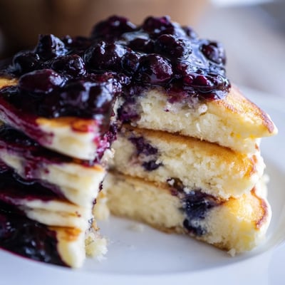 Fluffy Lemon Ricotta Pancakes topped with fresh blueberries and a rich blueberry syrup, served hot on a white plate for a weekend brunch.