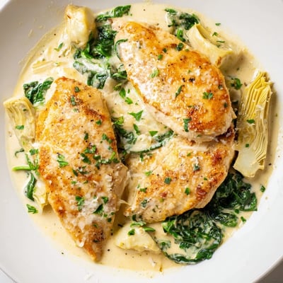 Sizzling Creamy Spinach and Artichoke Chicken Skillet Dinner served hot in a rustic cast iron pan.