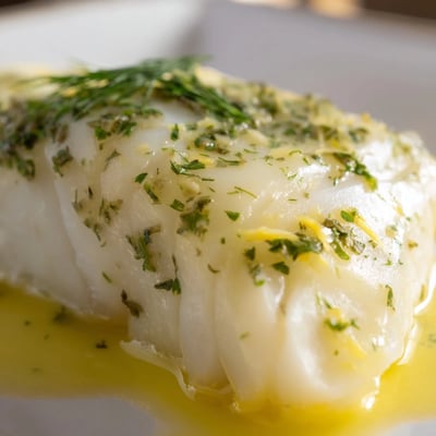 Baked Cod with Herb Butter flaking gently on a baking dish with fresh herbs.