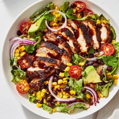 Freshly prepared Chipotle Lime Chicken Salad drizzled with zesty dressing and topped with colorful vegetables.