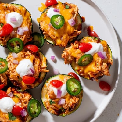 A close-up of Cheesy BBQ Chicken Zucchini Nachos featuring juicy BBQ chicken, melty cheddar, diced tomatoes, and jalapeños on golden zucchini chips.