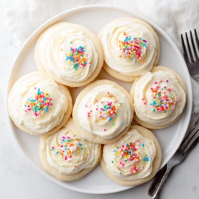 A close-up of frosted Walmart-Style Sugar Cookies with Buttercream Frosting, decorated with rainbow sprinkles and ready to serve with a cold glass of milk.