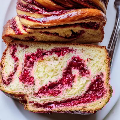 Golden brown and inviting, this homemade Raspberry Swirl Brioche Loaf is sliced to show the rich berry filling, perfect for a sweet breakfast.