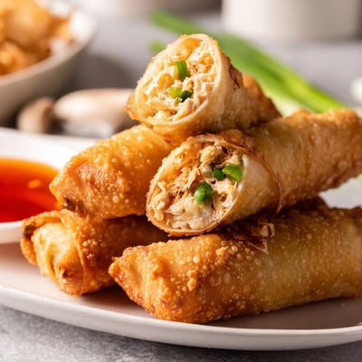 Close-up of freshly fried Crab Rangoon egg rolls sliced open to reveal smooth cream cheese and lump crab mixture
