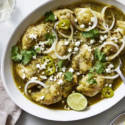 Golden seared chicken simmered in tangy salsa verde topped with fresh cilantro