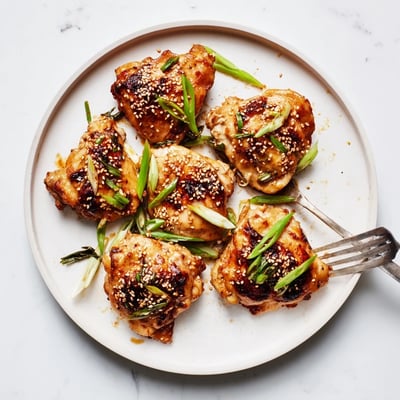 Juicy oven-baked garlic miso chicken pieces arranged on a white serving platter with a light savory miso glaze
