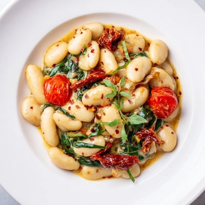 Golden skillet of butter beans simmered in tangy Greek yogurt tomato sauce with spinach
