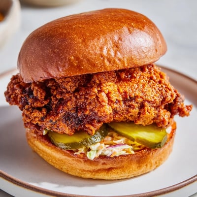 Warm brioche holding Spicy Nashville Hot Chicken Sandwiches Recipe To Savor, creamy slaw