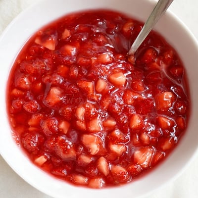 Warm Strawberry Cake Filling Recipe bubbling in saucepan, thick and glossy