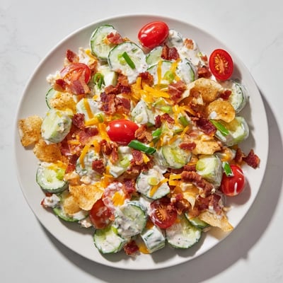 Fresh cucumber salad with creamy ranch dressing, cherry tomatoes, and crispy bacon bits on a rustic wooden table