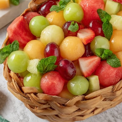 Refreshing watermelon basket displaying mixed tropical fruits and berries on a white platter