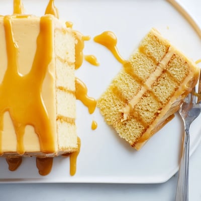 Decadent caramel cake with silky frosting and glistening sauce topping a rich layered dessert