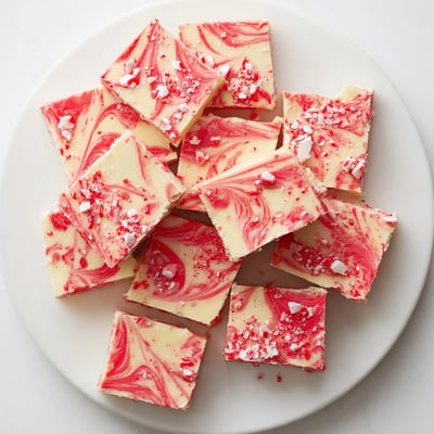 Festive white and red swirled peppermint fudge pieces decorated with peppermint candy sprinkles