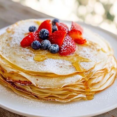 Stack of warm crepes with honey drizzle garnished with fresh berries and powdered sugar