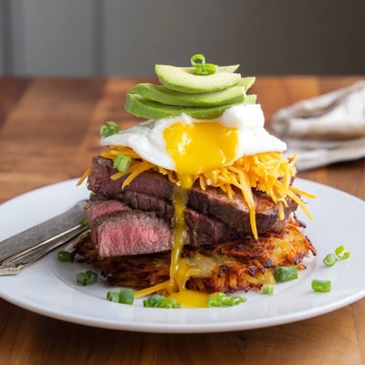 Crispy Loaded Steak Egg Hash Brown Stacks plated for brunch with sour cream