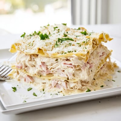 Layers of tender chicken ham and Swiss cheese in creamy white sauce lasagna