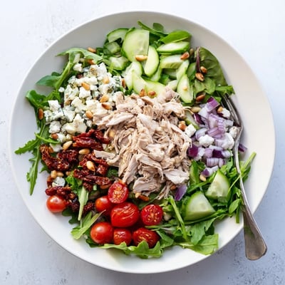 Mediterranean chicken salad featuring sun-dried tomatoes, crisp cucumber, and tangy feta cheese topping