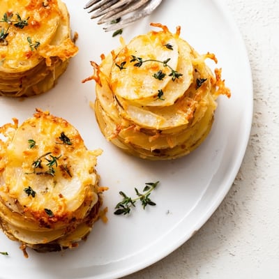 Individual portions of cheese scalloped potato stacks featuring layers of tender potatoes and melted sharp cheddar