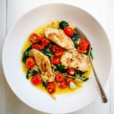 Tender Mediterranean style chicken topped with wilted spinach and tomatoes in a creamy wine reduction