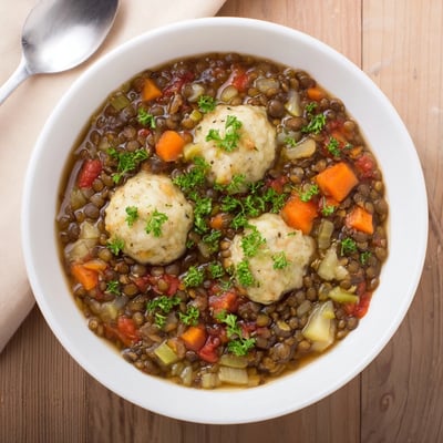 Fluffy homemade dumplings steaming atop a hearty bowl of lentils with tomatoes and fresh herbs