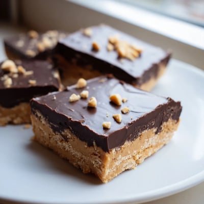 Chewy no-bake peanut butter bars showcasing layered chocolate peanut butter topping cut into neat squares