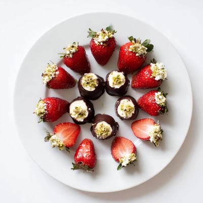 Plated Strawberry Bombs chilled, creamy centers peeking through glossy dark chocolate