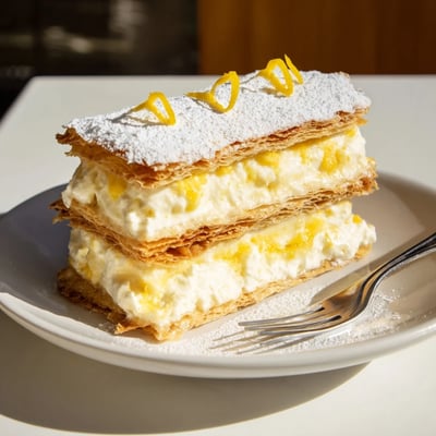 Creamy lemon ricotta filling sandwiched between flaky puff pastry mille feuille layers on a plate
