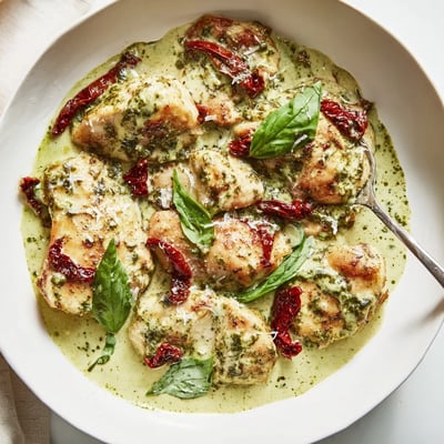 Golden seared marry me chicken pesto topped with sun-dried tomatoes and fresh basil