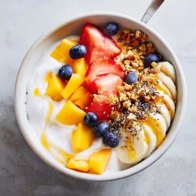 Creamy Greek yogurt serves as the base for this colorful yogurt fruit bowl recipe loaded with fresh seasonal fruits
